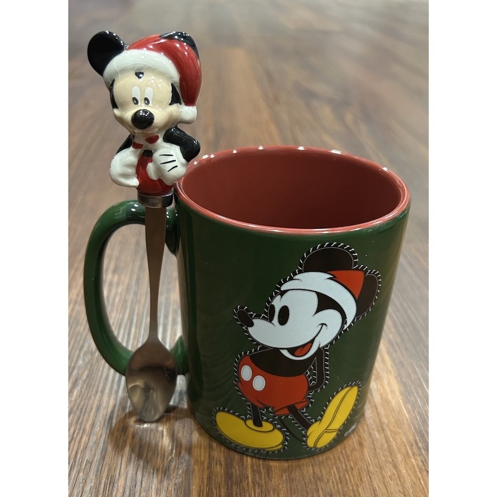 Disney Store Walking Mickey Mouse Coffee Mug Green Red Christmas With Mcky Spoon